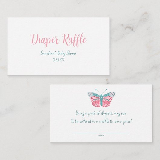 蝶の赤ちゃんシャワーおむつラッフルチケット エンクロージャーカード (正面/裏面)