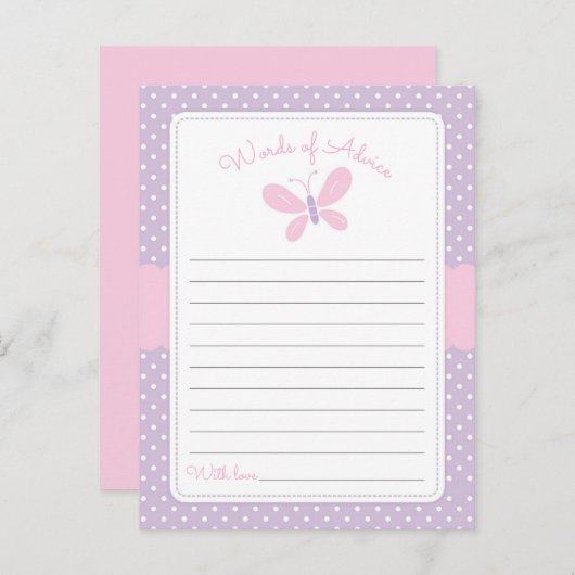 蝶の赤ちゃんシャワーの言葉のアドバイス紫ピンク アドバイスカード (正面/裏面)