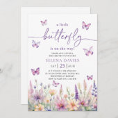 蝶の赤ちゃんシャワーパープルバタフライピンクの花 招待状 (正面/裏面)