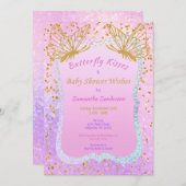 蝶の赤ちゃんシャワーピンクと金ゴールド紙吹雪 招待状 (正面/裏面)