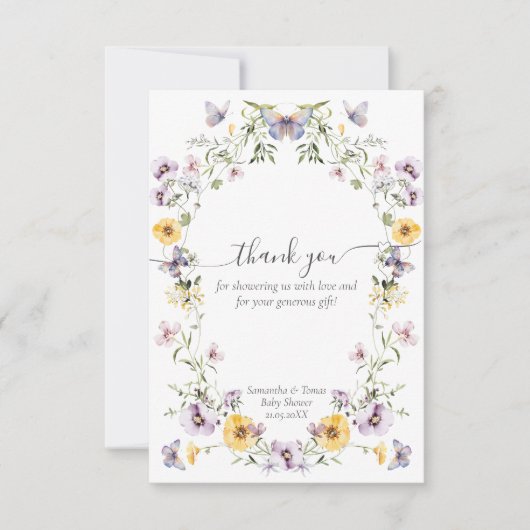 蝶の赤ちゃんシャワーワイルドフラワー サンキューカード (正面)
