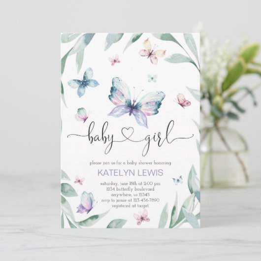 蝶の赤ちゃんシャワー招待状for a girl 招待状 (スタンド正面)
