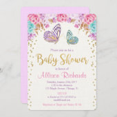 蝶の赤ちゃんシャワー、ピンクの紫の金ゴールド女の子 招待状 (正面/裏面)