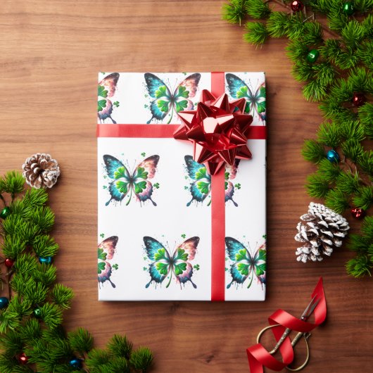 蝶の運のよいクローバー ラッピングペーパー (クリスマスギフト)