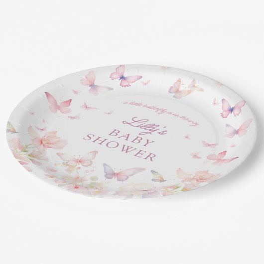 蝶の道ピンクの花ベビーシャワー ペーパープレート (アングル)