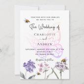 蝶の野生の花スミレ結婚ピンク 招待状 (正面)