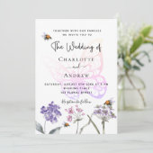 蝶の野生の花スミレ結婚ピンク 招待状 (スタンド正面)