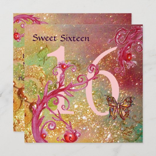 蝶の金ゴールドきらめくSWEET16誕生日パーティー 招待状 (正面/裏面)
