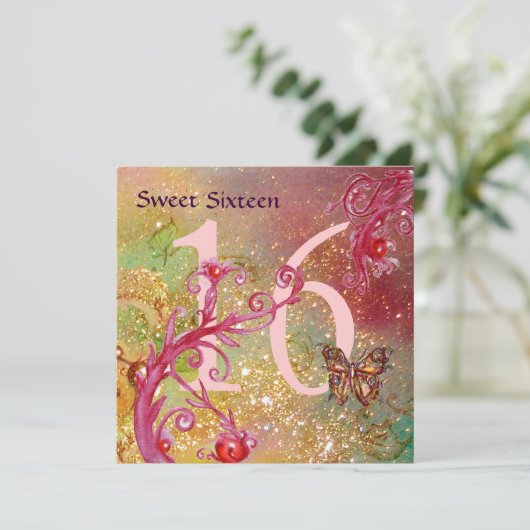 蝶の金ゴールドきらめくSWEET16誕生日パーティー 招待状 (スタンド正面)