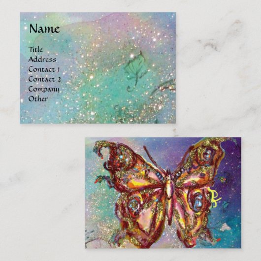 蝶の金ゴールドと青い緑のキラキラ，ティール（緑がかった色） 名刺 (正面/裏面)