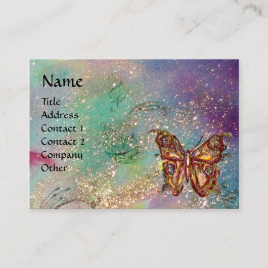 蝶の金ゴールドと青い緑のキラキラ，ティール（緑がかった色） 名刺 (正面)