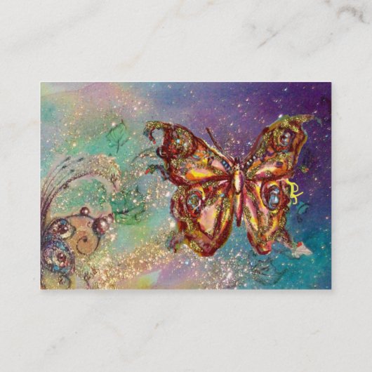 蝶の金ゴールドと青い緑のキラキラ，ティール（緑がかった色） 名刺 (裏面)