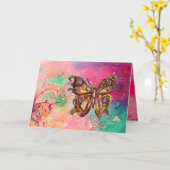 蝶の金ゴールドキラキラ，ピンクグリーンティール（緑がかった色） カード (黄色い花)