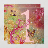 蝶の金ゴールドスパークル2最初の誕生日パーティー 招待状 (正面/裏面)