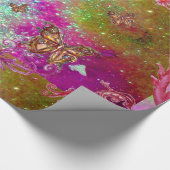 蝶の金ゴールドティール(緑がかった色)青い紫のきらめき ラッピングペーパー (角)