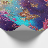 蝶の金ゴールド黄色のアクアブルーきらめき ラッピングペーパー (角)