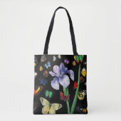 蝶の間のカラフル虹彩ブラックフローラ トートバッグ (正面)