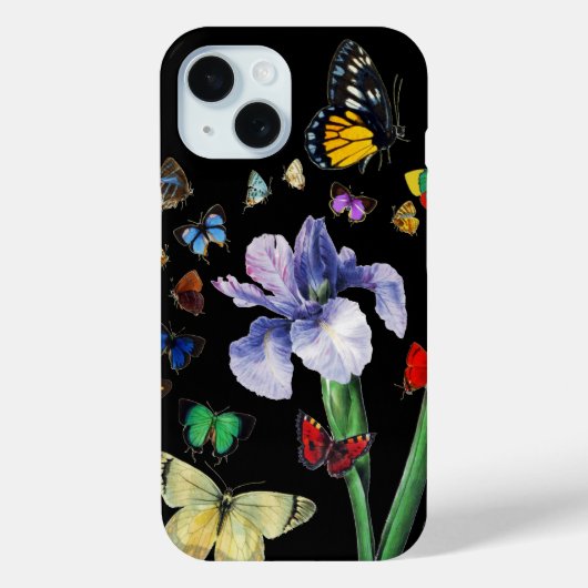 蝶の間のカラフル虹彩ブラックフローラ Case-Mate iPhoneケース (裏面)