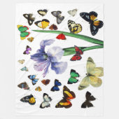 蝶の間のカラフル虹彩ホワイトフローラ フリースブランケット (正面)