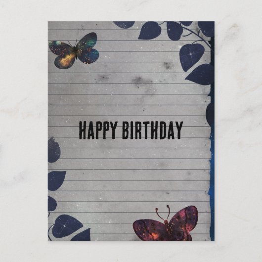 蝶の飾りが施された罫線紙の誕生日 ポストカード (正面)