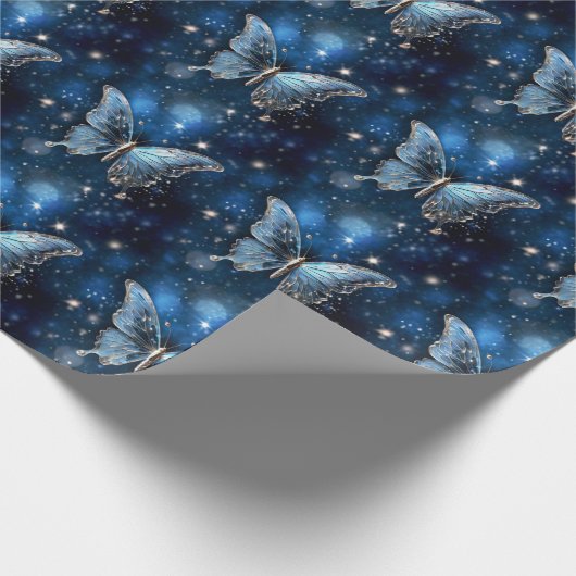 蝶の魔法の青の魅惑的なお洒落ファンタジー ラッピングペーパー (角)