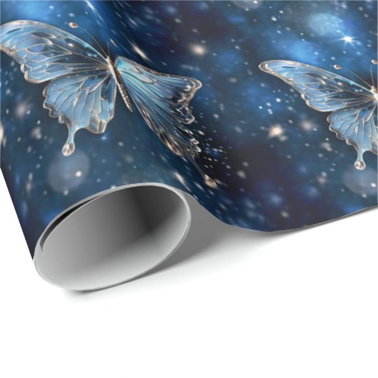 蝶の魔法の青の魅惑的なお洒落ファンタジー ラッピングペーパー (ロールコーナー)