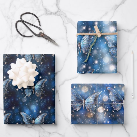 蝶の魔法の魅惑のパターンのシームレスなシック ラッピングペーパーシート (正面)