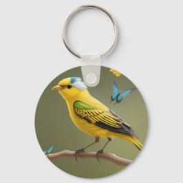 蝶の鮮やか間に止まった黄色の鳥 キーホルダー