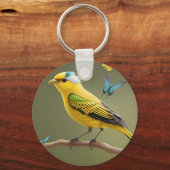 蝶の鮮やか間に止まった黄色の鳥 キーホルダー (正面)
