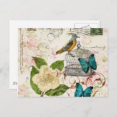 蝶の鳥フランスのの椿モダンヴィンテージ ポストカード (正面/裏面)