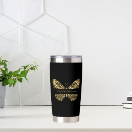 蝶の黒い金ゴールドエレガント名スクリプト 保温保冷タンブラー
