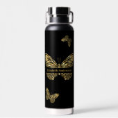 蝶の黒い金ゴールド名スクリプト ウォーターボトル (背面)
