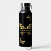 蝶の黒い金ゴールド名スクリプト ウォーターボトル (正面)