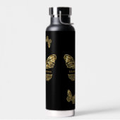 蝶の黒い金ゴールド名スクリプト ウォーターボトル (左面)