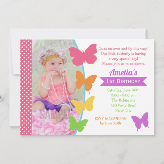 蝶の1歳誕生日招待状　写真付きの女の子 招待状 (正面)