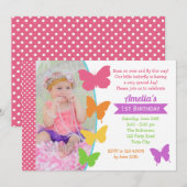 蝶の1歳誕生日招待状　写真付きの女の子 招待状 (正面/裏面)