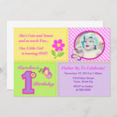 蝶の1歳誕生日招待状 5x7 フォトカード 招待状 (正面/裏面)