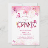蝶の1歳誕生日 女の子 ピンク ゴールドダスト 招待状 (正面)