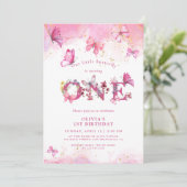 蝶の1歳誕生日 女の子 ピンク ゴールドダスト 招待状 (スタンド正面)