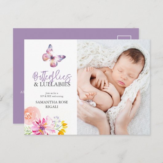 蝶のsipと参照ベビーシャワー招待状 シーズンポストカード (正面/裏面)