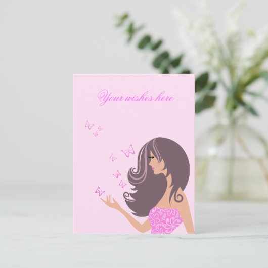 蝶はがき付きの可愛い女の子 ポストカード (スタンド正面)