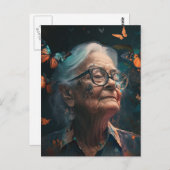 蝶はがき付き眼鏡の高齢女性 ポストカード (正面/裏面)