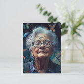 蝶はがき付き高齢女性 ポストカード (スタンド正面)