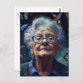 蝶はがき付き高齢女性 ポストカード (正面/裏面)