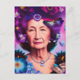 蝶はがき付き高齢女性 ポストカード