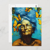 蝶はがき付き高齢女性 ポストカード (正面/裏面)