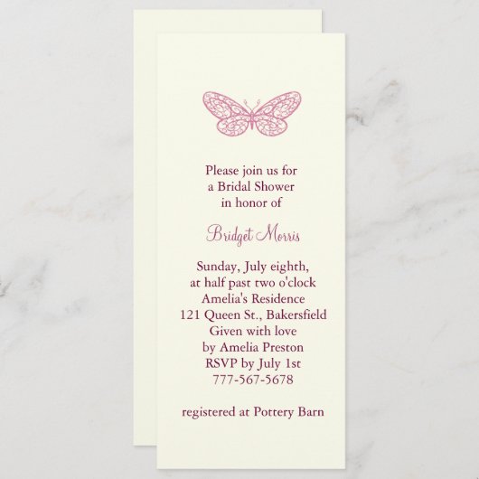蝶はブライダルシャワーの招待状に接吻します 招待状 (正面/裏面)