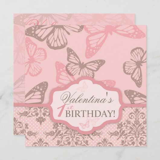 蝶は花弁の誕生日の招待状の正方形に接吻します 招待状 (正面/裏面)