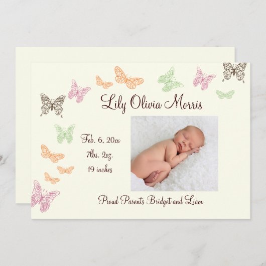 蝶は誕生の発表のアイボリーに接吻します 案内状 (正面/裏面)