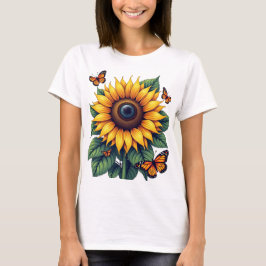 蝶ひまわり開花自然Tシャツ女性用 Tシャツ